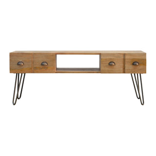 Rivet Media Unit Oak Mango Wood Four Drawers Brass Shell Handles with Iron Hairpin Legs