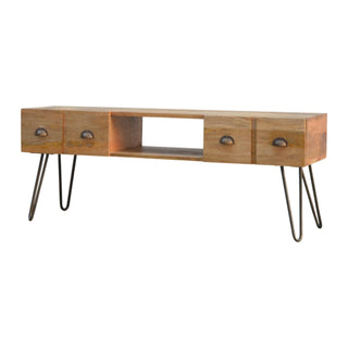 Rivet Media Unit Oak Mango Wood Four Drawers Brass Shell Handles with Iron Hairpin Legs