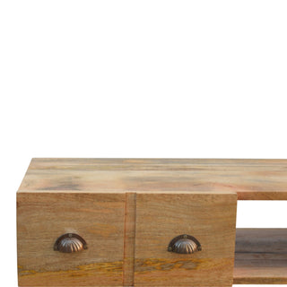 Rivet Media Unit Oak Mango Wood Four Drawers Brass Shell Handles with Iron Hairpin Legs