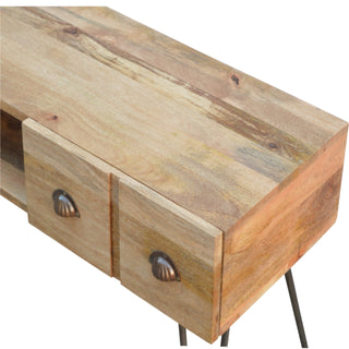 Rivet Media Unit Oak Mango Wood Four Drawers Brass Shell Handles with Iron Hairpin Legs