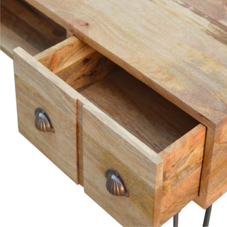 Rivet Media Unit Oak Mango Wood Four Drawers Brass Shell Handles with Iron Hairpin Legs