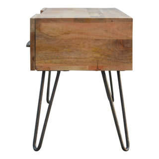 Rivet Media Unit Oak Mango Wood Four Drawers Brass Shell Handles with Iron Hairpin Legs