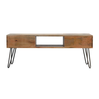 Rivet Media Unit Oak Mango Wood Four Drawers Brass Shell Handles with Iron Hairpin Legs