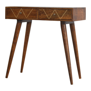 Zara Console Table with Drawers Brass Triangle Inlay Chestnut Wood