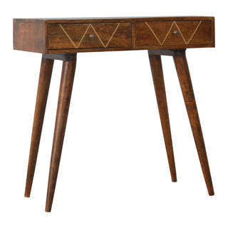 Zara Console Table with Drawers Brass Triangle Inlay Chestnut Wood