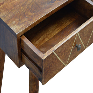 Zara Console Table with Drawers Brass Triangle Inlay Chestnut Wood