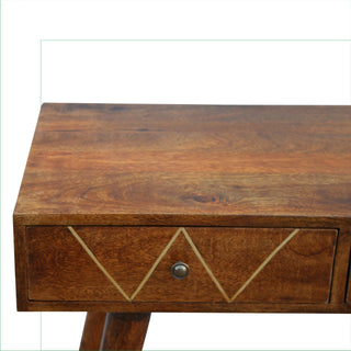 Zara Console Table with Drawers Brass Triangle Inlay Chestnut Wood