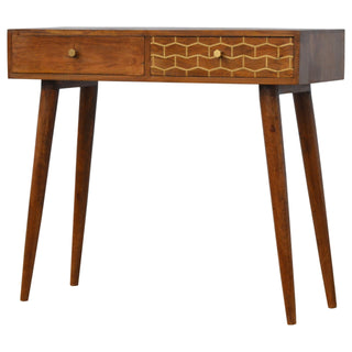Gilda Console Table with Drawers Gold Brass Honeycomb Chestnut Wood