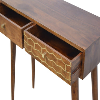 Gilda Console Table with Drawers Gold Brass Honeycomb Chestnut Wood