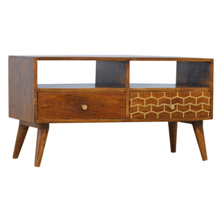 Hex Media Unit Chestnut Mango Wood Gold Hexagonal Honeycomb Lacquered Drawers with Nordic Legs