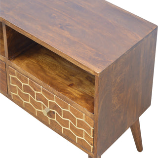 Hex Media Unit Chestnut Mango Wood Gold Hexagonal Honeycomb Lacquered Drawers with Nordic Legs