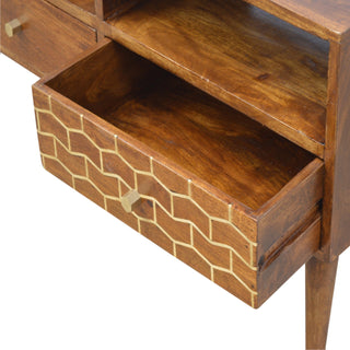 Hex Media Unit Chestnut Mango Wood Gold Hexagonal Honeycomb Lacquered Drawers with Nordic Legs