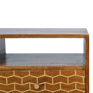 Hex Media Unit Chestnut Mango Wood Gold Hexagonal Honeycomb Lacquered Drawers with Nordic Legs