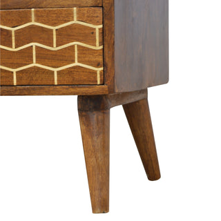 Hex Media Unit Chestnut Mango Wood Gold Hexagonal Honeycomb Lacquered Drawers with Nordic Legs