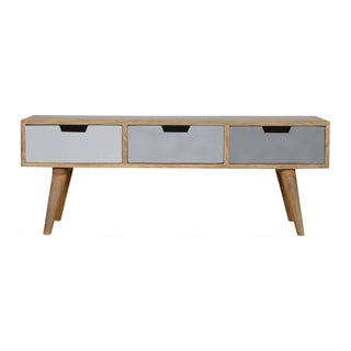 Trio Media Unit Oak Mango Wood Three Drawers Hand Spray-Painted Tri-Tone Grey with Nordic Legs