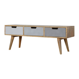 Trio Media Unit Oak Mango Wood Three Drawers Hand Spray-Painted Tri-Tone Grey with Nordic Legs
