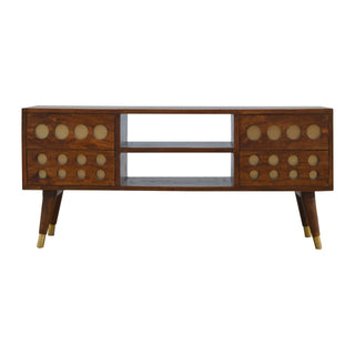 Oryn Media Unit Chestnut Finish Brass Inlay Circle Drawers