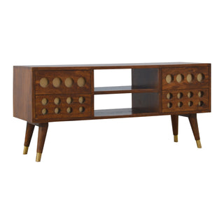 Oryn Media Unit Chestnut Finish Brass Inlay Circle Drawers