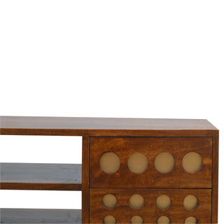 Oryn Media Unit Chestnut Finish Brass Inlay Circle Drawers