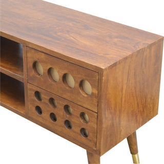 Oryn Media Unit Chestnut Finish Brass Inlay Circle Drawers