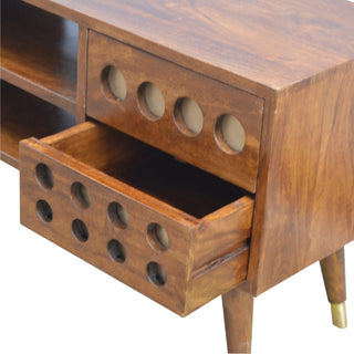 Oryn Media Unit Chestnut Finish Brass Inlay Circle Drawers