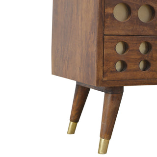 Oryn Media Unit Chestnut Finish Brass Inlay Circle Drawers