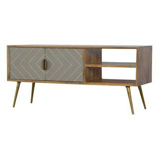 Gilden Media Unit Oak & Grey Cement Door Fronts with Golden Brass Inlay & Gold Nordic Feet