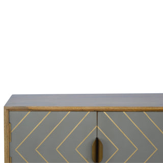 Gilden Media Unit Oak & Grey Cement Door Fronts with Golden Brass Inlay & Gold Nordic Feet