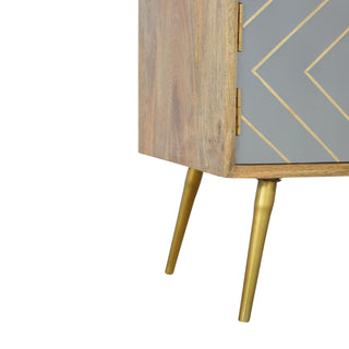 Gilden Media Unit Oak & Grey Cement Door Fronts with Golden Brass Inlay & Gold Nordic Feet