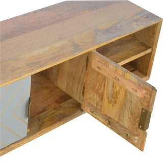 Gilden Media Unit Oak & Grey Cement Door Fronts with Golden Brass Inlay & Gold Nordic Feet