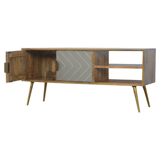 Gilden Media Unit Oak & Grey Cement Door Fronts with Golden Brass Inlay & Gold Nordic Feet