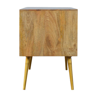 Gilden Media Unit Oak & Grey Cement Door Fronts with Golden Brass Inlay & Gold Nordic Feet