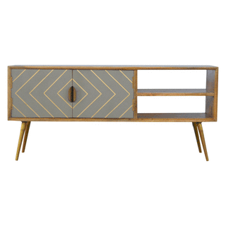 Gilden Media Unit Oak & Grey Cement Door Fronts with Golden Brass Inlay & Gold Nordic Feet
