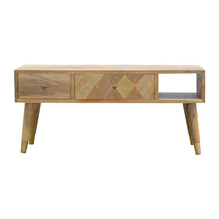 Auric Media Unit Natural Oak Mango Wood Gold Diamond Insert Drawers with Gold-Plated Nordic Legs