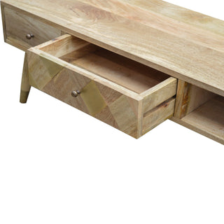 Auric Media Unit Natural Oak Mango Wood Gold Diamond Insert Drawers with Gold-Plated Nordic Legs