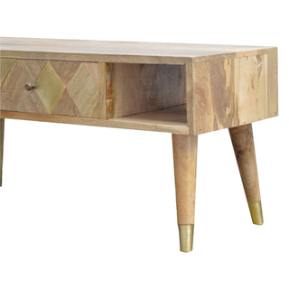 Auric Media Unit Natural Oak Mango Wood Gold Diamond Insert Drawers with Gold-Plated Nordic Legs