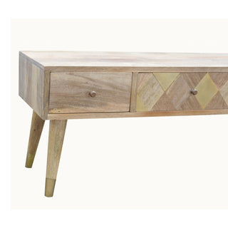 Auric Media Unit Natural Oak Mango Wood Gold Diamond Insert Drawers with Gold-Plated Nordic Legs