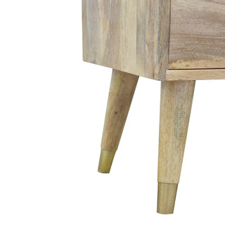 Auric Media Unit Natural Oak Mango Wood Gold Diamond Insert Drawers with Gold-Plated Nordic Legs