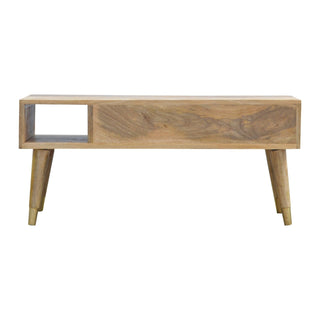 Auric Media Unit Natural Oak Mango Wood Gold Diamond Insert Drawers with Gold-Plated Nordic Legs