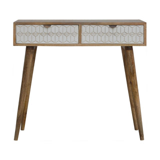 Neva Slim Console Table with Drawers White Carved Geometric Nordic Legs Mango Wood