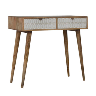 Neva Slim Console Table with Drawers White Carved Geometric Nordic Legs Mango Wood