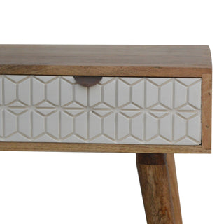 Neva Slim Console Table with Drawers White Carved Geometric Nordic Legs Mango Wood