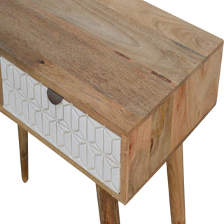 Neva Slim Console Table with Drawers White Carved Geometric Nordic Legs Mango Wood