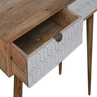Neva Slim Console Table with Drawers White Carved Geometric Nordic Legs Mango Wood