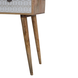 Neva Slim Console Table with Drawers White Carved Geometric Nordic Legs Mango Wood
