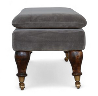 Mid-Century Upholstered Bench | Grey Velvet with Castor Feet