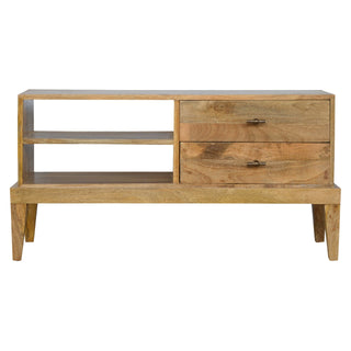 Koda Media Unit Raw Oak Mango Wood Raised Platform Base Twin Drawers with T-Bar Knobs