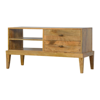 Koda Media Unit Raw Oak Mango Wood Raised Platform Base Twin Drawers with T-Bar Knobs