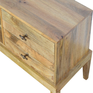 Koda Media Unit Raw Oak Mango Wood Raised Platform Base Twin Drawers with T-Bar Knobs