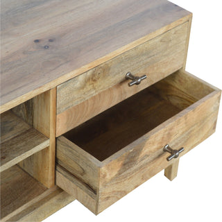 Koda Media Unit Raw Oak Mango Wood Raised Platform Base Twin Drawers with T-Bar Knobs